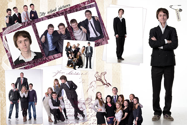 Ростовой портрет и фотографии с друзьями в выпускном альбоме Разворот с ростовым портретом и фотографияти с друзьями