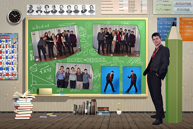 Оригинальный способ оформления ростовой фотографии в выпускном альбоме Один из разворотов выпускного альбома